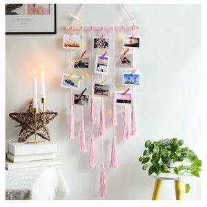 Pink macramé’ hanging photo display